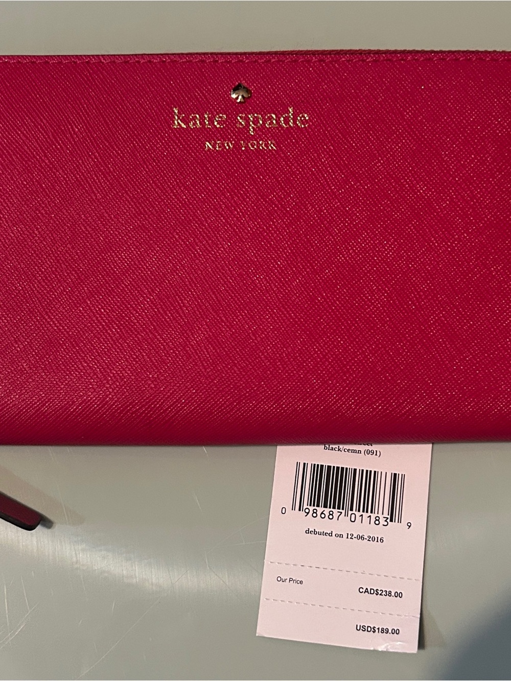 kate spade Hot Pink Saffiano Zip Wallet with Gold Logo
